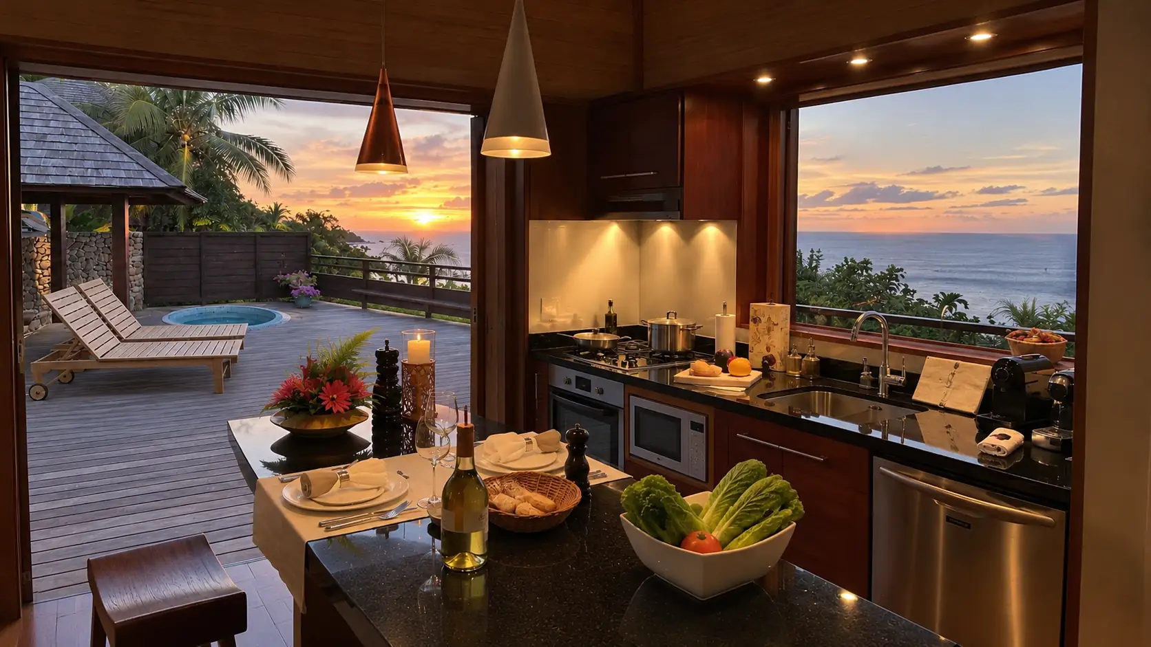 La cuisine équipée ouverte sur la terrasse et le lagon au coucher du soleil