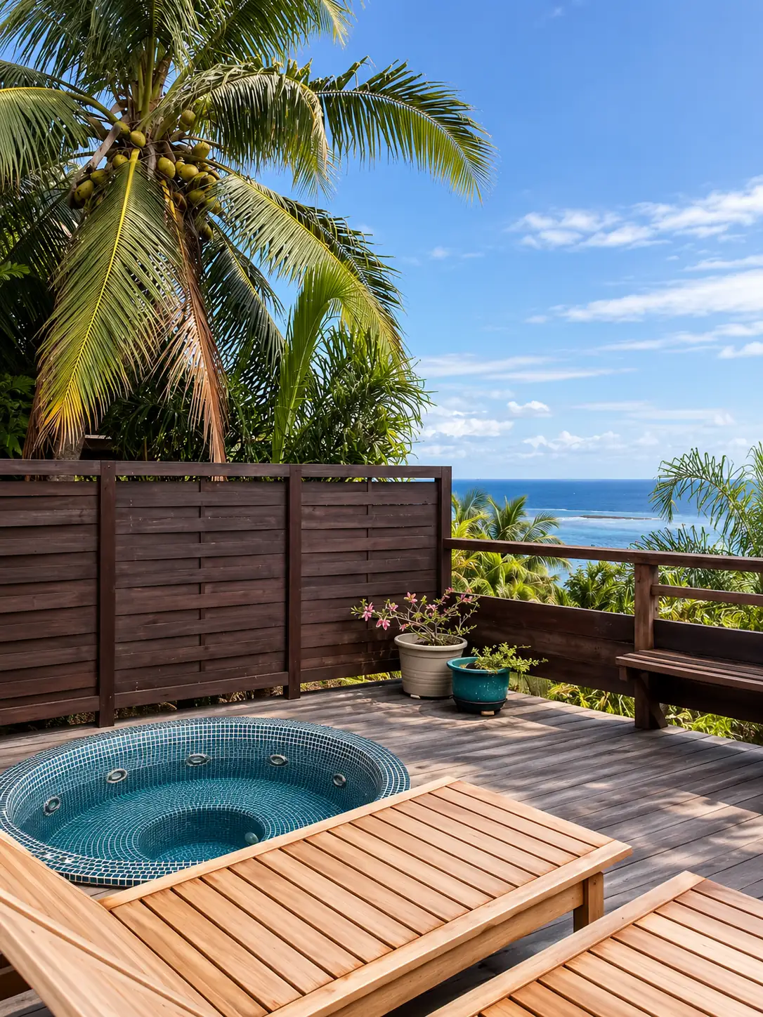 Le bain à remous sur la terrasse, sous les cocotiers, face à l'océan