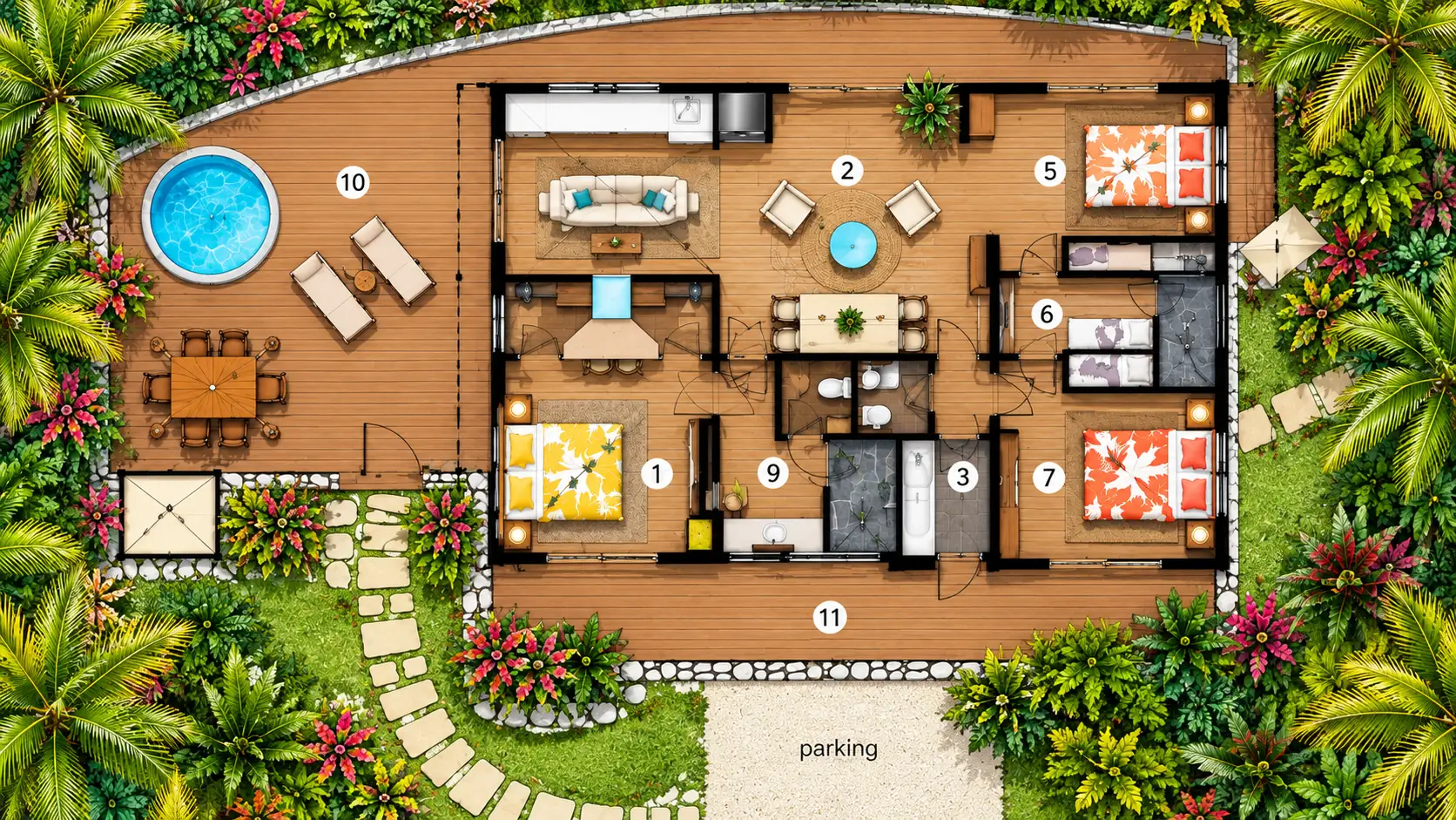 Plan illustré de la villa vue du dessus, avec les chambres, le salon, la terrasse et le bain à remous