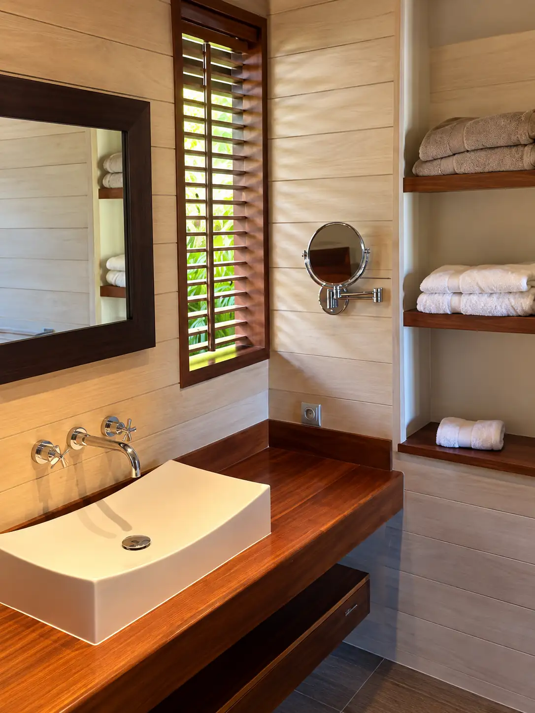 Salle de bain en bois avec vasque blanche et persiennes