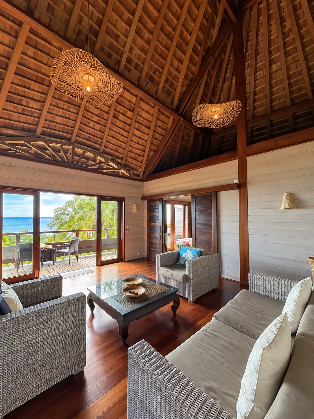 Le salon ouvert par la baie vitrée sur la terrasse et le lagon
