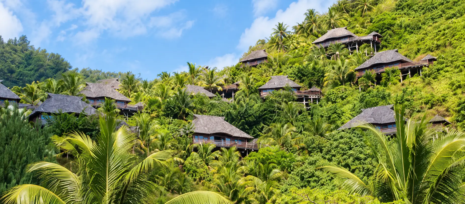 Les toits des villas de la résidence, posés dans la végétation tropicale à flanc de colline