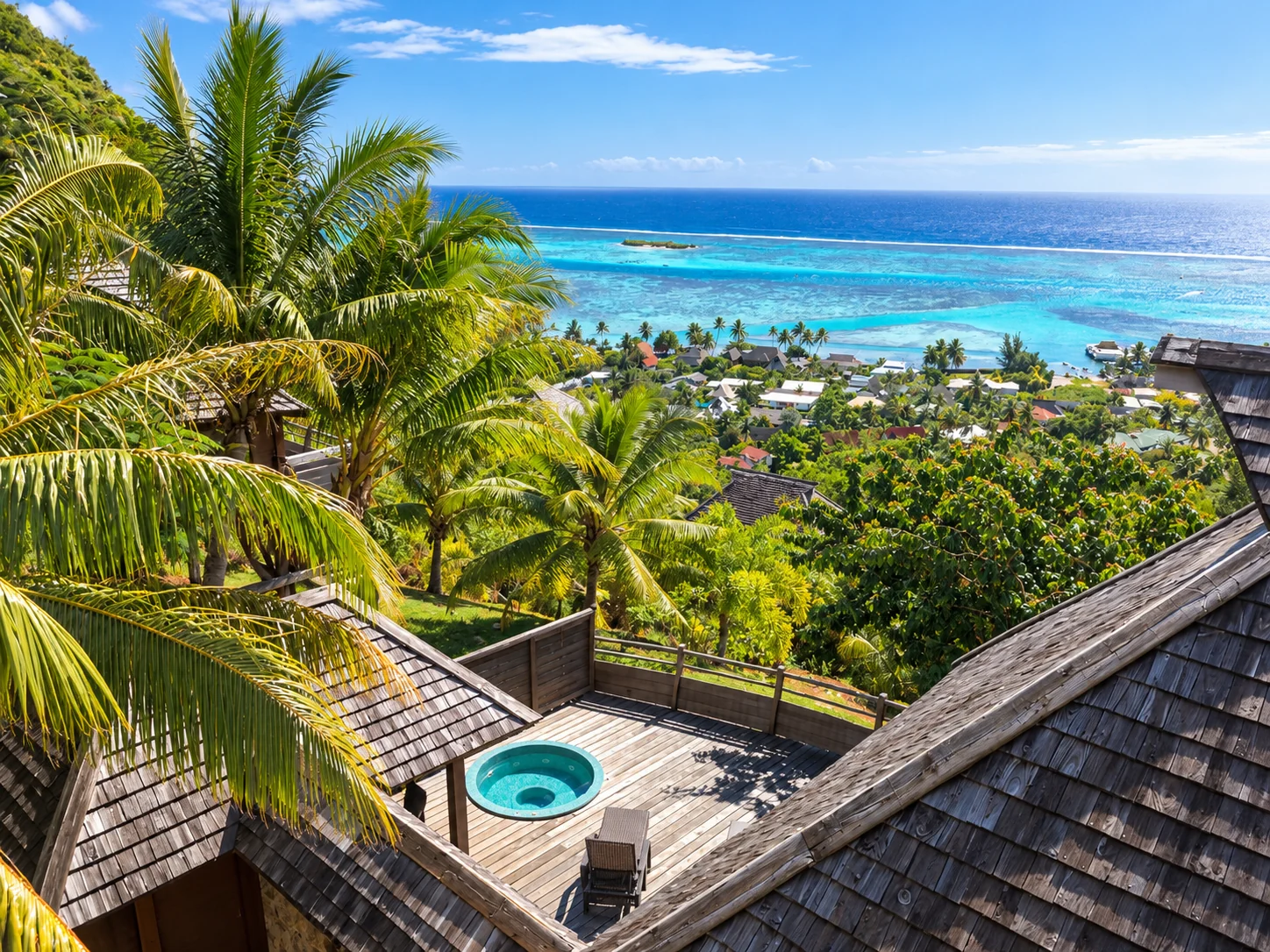 Le bain à remous de la villa vu d'en haut, avec le lagon de Moorea et le récif au loin